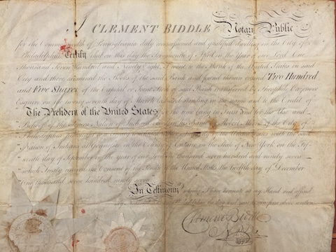 Certificate of 205 Shares of stock of the Bank of the United States, deposited by the Commonwealth of Pennsylvania to the Credit of the President of the United States on behalf of the Seneca Nation. Signed by Clement Biddle April 17th, 1798, Philadelphia. HM3990, The Huntington Library, San Marino, California.